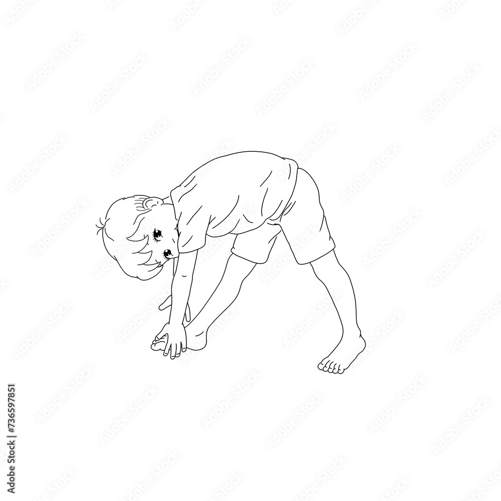 Obraz premium Glückliche Kids Yoga Joga für Kinder Asana Pyramide Gesunde Bewegung und Sport Ausgleich Junge macht barfuß Yoga Haltung Pose mit fröhlichem Gesicht, Spaß und Hobby, Yogi Logo auf Hintergrund in weiß