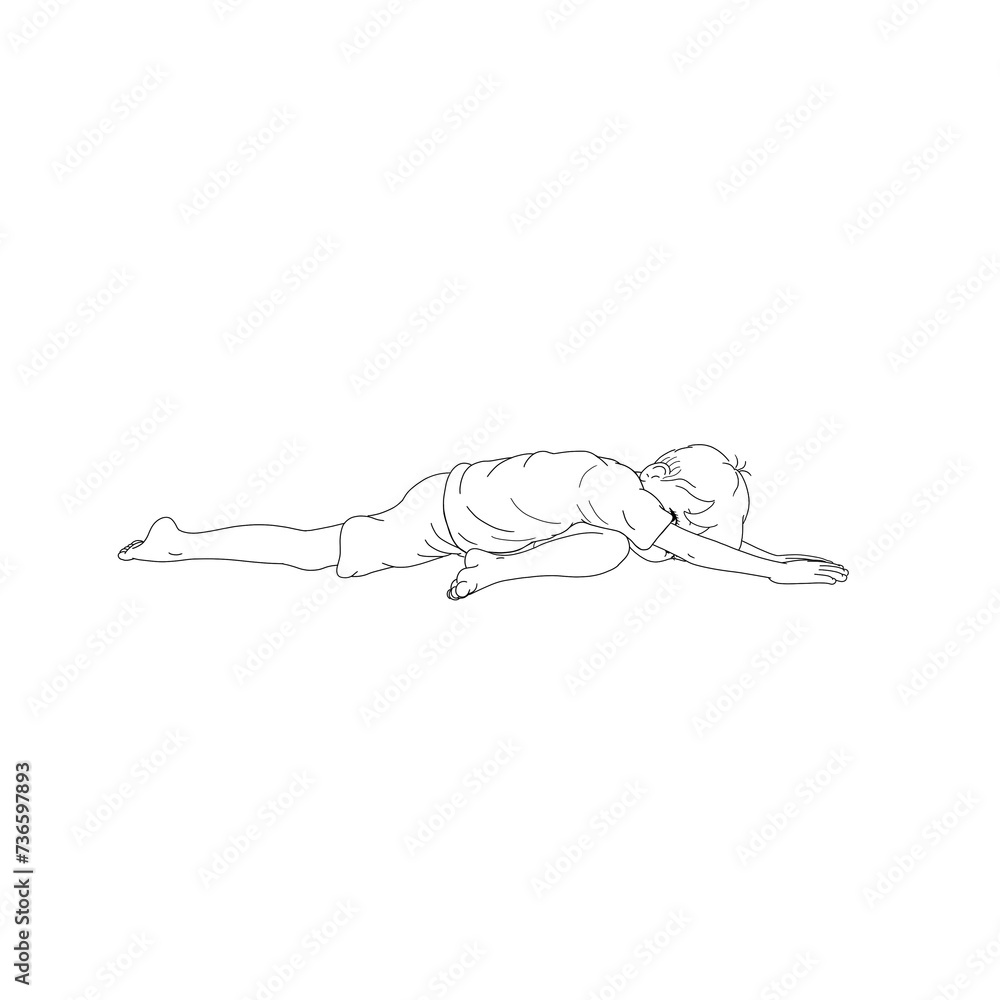 Naklejka premium Kids Yoga Joga für Kinder Asana schlafender Schwan Gesunde Bewegung und Sport Ausgleich, Junge macht barfuß Yoga Haltung Pose mit fröhlichem Gesicht, Spaß und Hobby, Yogi Logo auf Hintergrund in weiß