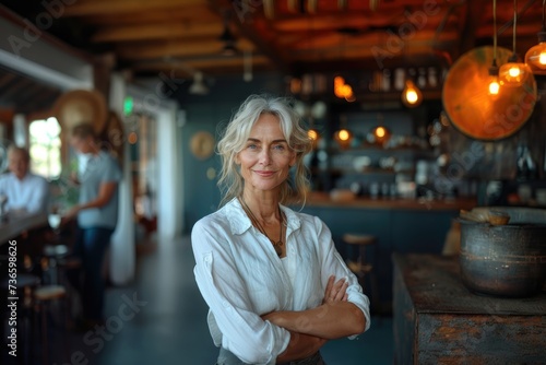 Portrait of a senior woman looking at the camera. Positive healthy mature woman with gray hair. Copy space