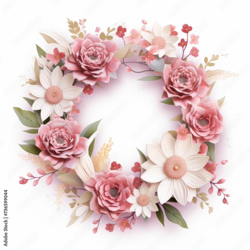 Elegant paper art floral wreath with pink roses and white daisies on a beige background. Creative and textured pastel paper art blooms in a decorative arrangement.
