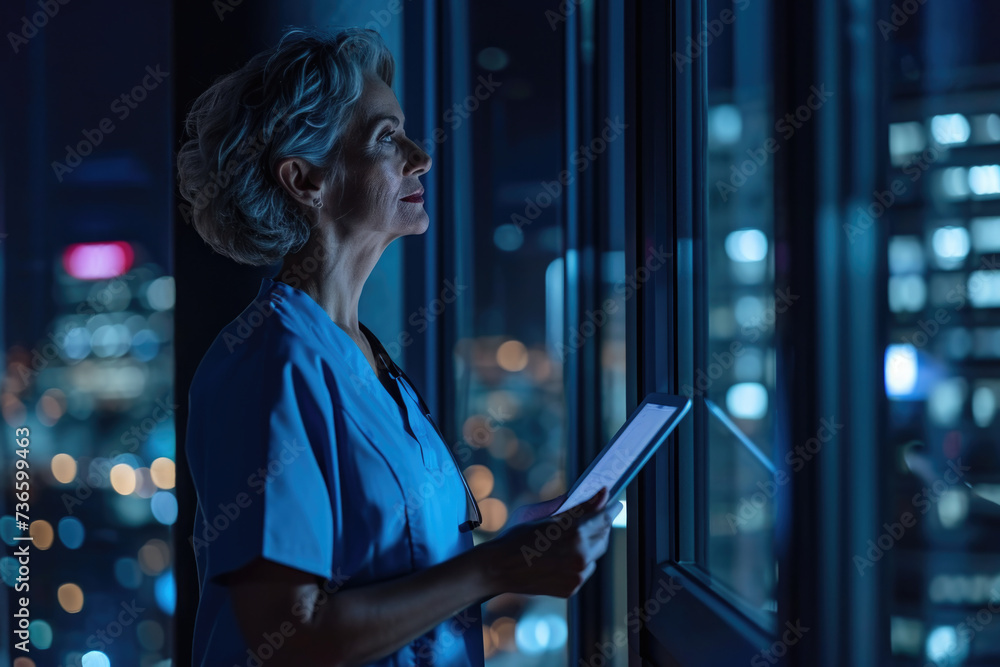 Woman in Scrubs Looking Out of Window Woman in Scrubs Looking Out of Window