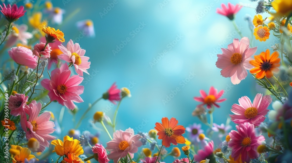 Wild cosmos and daisies blooming in a vibrant spring field. Colorful garden of pink and orange flowers against a bright blue sky. Wild cosmos and daisies blooming in a vibrant spring field. Colorful garden of pink and orange flowers against a bright blue sky.
