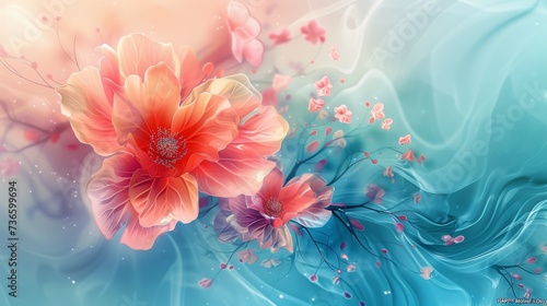 Ethereal flowers floating on water in pink and blue hues. Chic and modern botanical art with vibrant pink blossoms and blue swirls background with space for text. © Irina.Pl