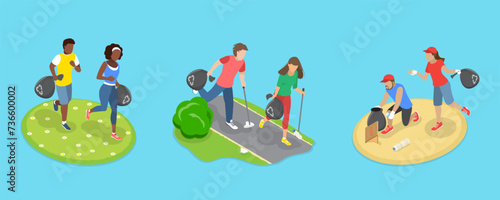 3D Isometric Flat Vector Illustration of Plogging Challenge, Volunteers at Eco Activity