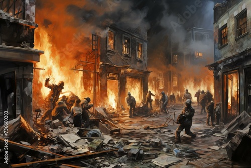 Chaotic Night city riot. People fire protest. Generate AI