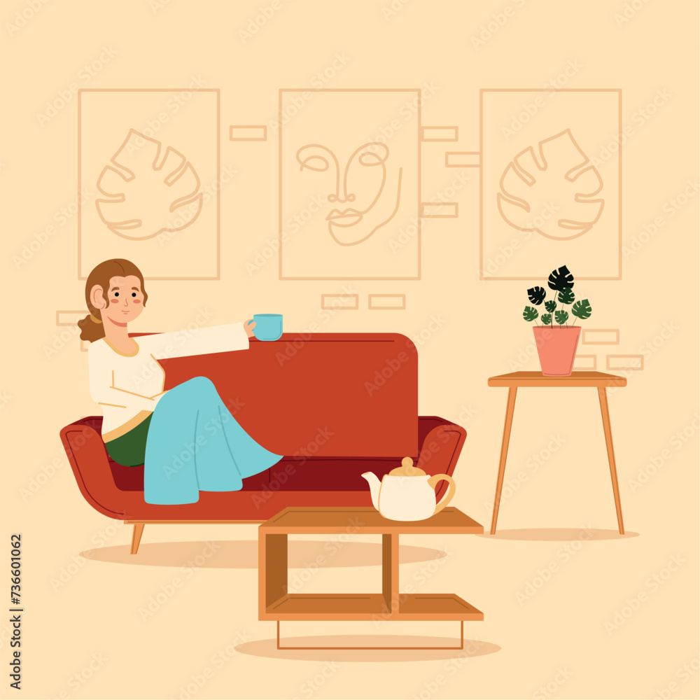 Relaxed woman taking a coffee cup Hygge concept Vector illustration Relaxed woman taking a coffee cup Hygge concept Vector illustration