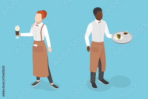 3D Isometric Flat Vector Illustration of Restaurant Waiters, Professionals Team