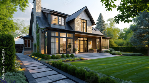 A beautifully composed image showcasing the side angle of a Modern Suburban Craftsman House, its architectural details accentuated by a carefully manicured pathway and a minimalist garden edge.