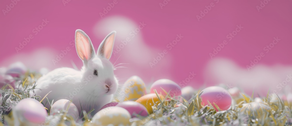 little white cute bunny rabbit with easter eggs on pink background