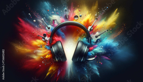 A close-up banner for music with a pair of sleek headphones in the center, surrounded by an explosion of colorful dust. The background is a vibrant abstract representation of musical harmony with subt