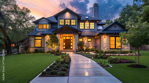 A dusk scene capturing a Modern Suburban Craftsman Style House, the pathway lined with energy-efficient solar-powered pathway lights, contributing to a green lifestyle.