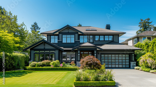 A high-definition image capturing the elegance of a Modern Suburban Craftsman Style House, surrounded by lush greenery, under a clear blue sky. © Creative artist1
