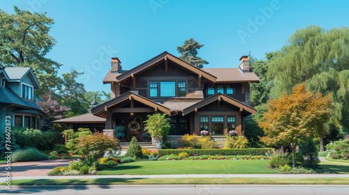 A high-definition image capturing the elegance of a Modern Suburban Craftsman Style House, surrounded by lush greenery, under a clear blue sky. © Creative artist1