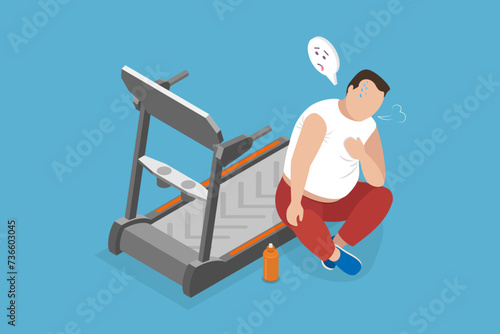3D Isometric Flat Vector Illustration of Unhappy Man Trying to Lose Weight, Burning Calories or Active Recreation