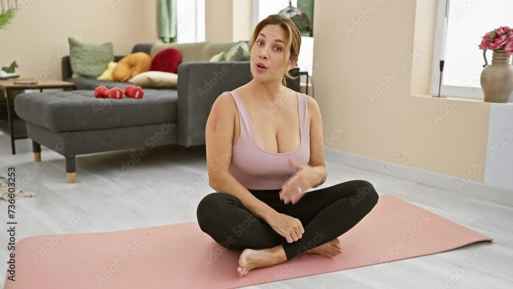 Hispanic woman exercises on yoga mat in a cozy living room interior. Hispanic woman exercises on yoga mat in a cozy living room interior.