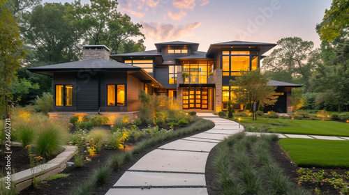 A panoramic side view of a Modern Suburban Craftsman Style House, the pathway surrounded by smart landscaping features, showcasing the integration of technology and nature.