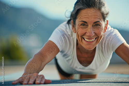 Older Woman Doing Push Ups on Yoga Mat
