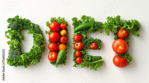 Text Diet of fruits and vegetables. Healthy eating, organic, green menu, tomato, cucumber, avocado