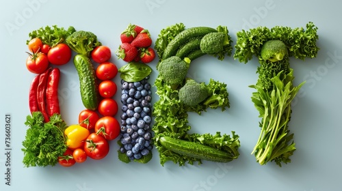Text Diet of fruits and vegetables. Healthy eating, organic, green menu, tomato, cucumber, avocado