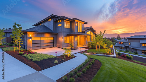 A side-angle shot of a Modern Suburban Craftsman Style House during a vibrant sunset, with the pathway aglow in warm hues, creating a stunning visual spectacle.