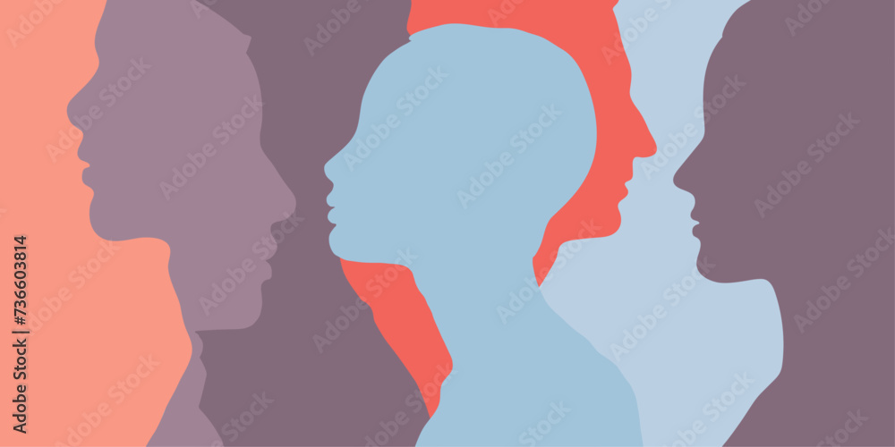 Diversity of multicultural people. Abstract profile silhouette of man and woman. Concept of racial equality, empowerment, psychology