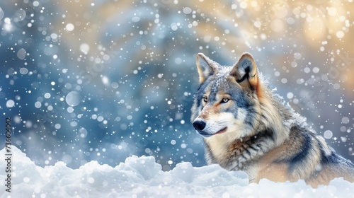 Majestic wolf standing in snowy winter forest with blurred background  wild animal in nature