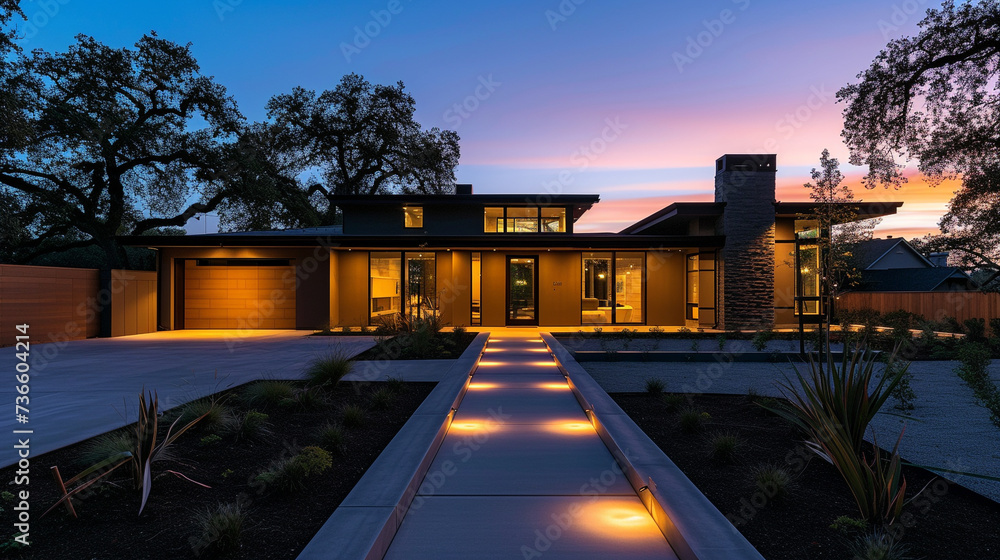 A twilight shot showcasing the silhouette of a Modern Suburban Craftsman Style House, the pathway illuminated by subtle LED lights, creating a serene ambiance.