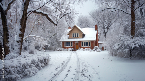 A winter wonderland scene, capturing a Modern Suburban Craftsman Style House covered in snow, the pathway neatly shoveled, creating a picturesque setting.