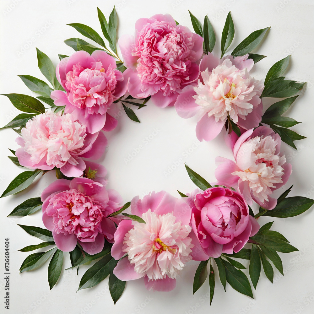 Flat lay spring floral composition. Top view wreath made of peonies flowers on white background