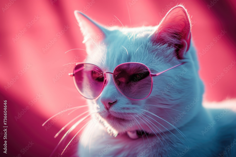 White Cat Wearing Pink Sunglasses on Pink Background