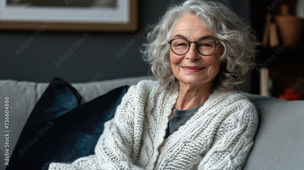 Woman Sitting on Couch with Glasses Woman Sitting on Couch with Glasses