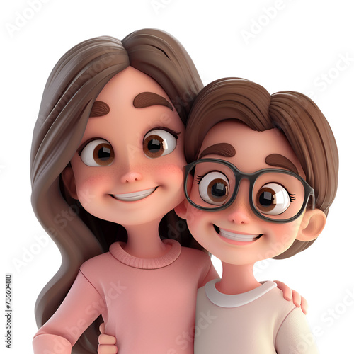 Cute Mother and Daughter: A Family’s Simple 3D Cartoon Illustration Render for Mother’s and Parent’s Day, Isolated on Transparent Background, PNG