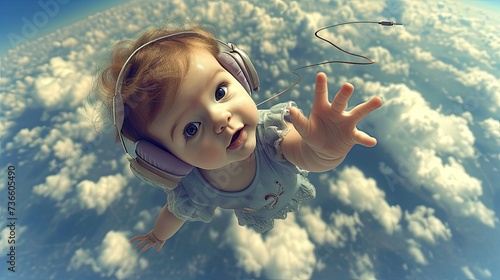 flying baby in the headphones. Generative AI