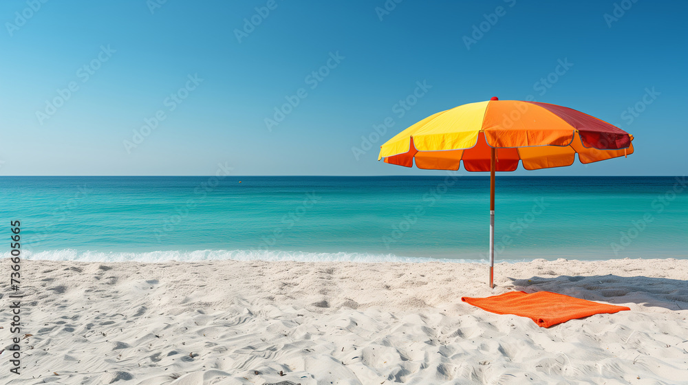 The vibrant colors of a beach umbrella and a soft towel spread on the sand, with the crystal-clear ocean waters in the background, symbolizing leisure and relaxation on a summer vacation.