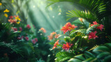 The lush greenery and exotic flowers in a tropical rainforest, Sunbeams break through the canopy, casting a heavenly glow on the vivid tropical flowers and lush foliage of a dense rainforest.