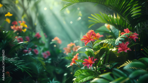 The lush greenery and exotic flowers in a tropical rainforest, Sunbeams break through the canopy, casting a heavenly glow on the vivid tropical flowers and lush foliage of a dense rainforest.