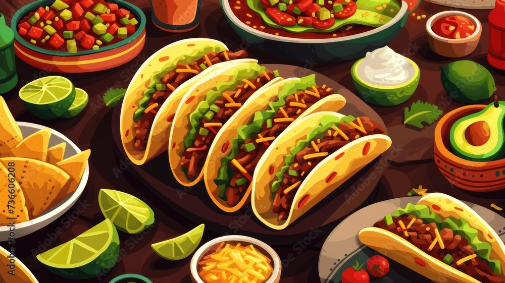 close-up of traditional Mexican dishes like tacos, guacamole, and salsa, perfect for a Cinco de Mayo feast close-up of traditional Mexican dishes like tacos, guacamole, and salsa, perfect for a Cinco de Mayo feast