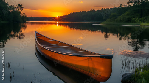 Nestled upon the tranquil waters of the serene lake, a solitary canoe basks in the warm glow of a stunning sunset, framed by the verdant shores of the forested landscape.