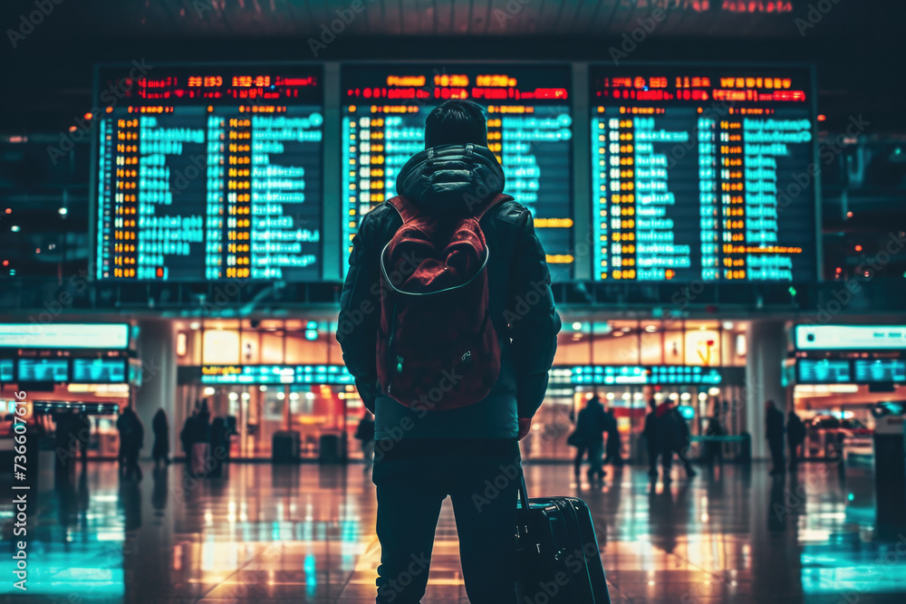 Man with Backpack at Airport - obrazy, fototapety, plakaty 