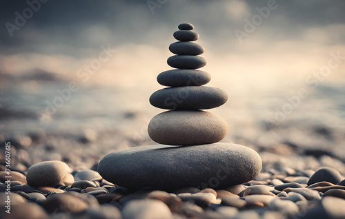 Pyramid of stones on the beach at sunset beautiful seascape rest and seaside vacation concept  Balancing pebble stones background Calm peaceful mediation and relaxation in Zen garden.