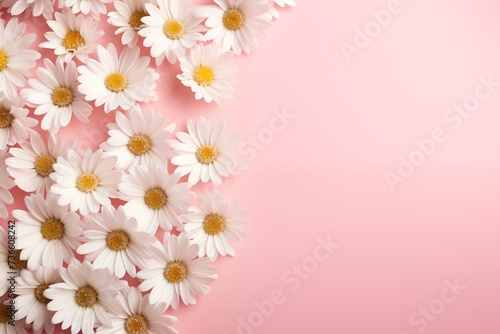 White daisy flowers on pink background with copy space