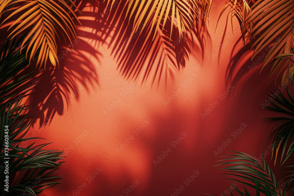 Palm tree shadow cast on a vibrant red wall. Perfect for adding a touch of tropical beauty to any space