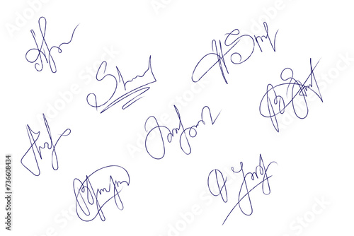 Vector Hand drawn crayon pen Fake autograph samples set. Fictitious Signatures