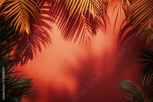 Palm tree shadow cast on a vibrant red wall. Perfect for adding a touch of tropical beauty to any space