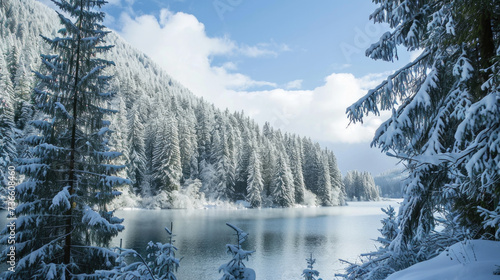 A serene winter scene of a lake surrounded by snow-covered trees. Perfect for winter-themed designs and nature-inspired projects