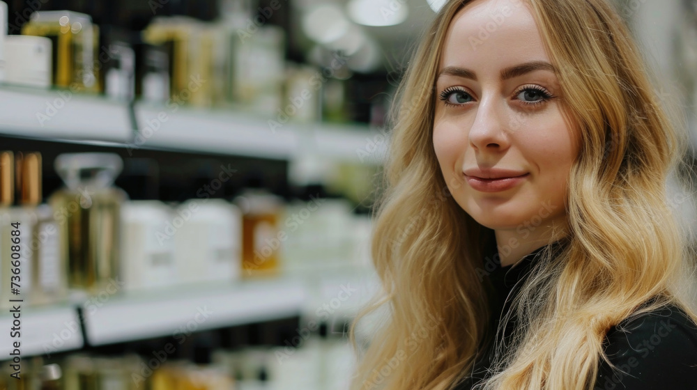 A woman standing in front of a shelf of perfume. Ideal for beauty and fashion-related projects A woman standing in front of a shelf of perfume. Ideal for beauty and fashion-related projects