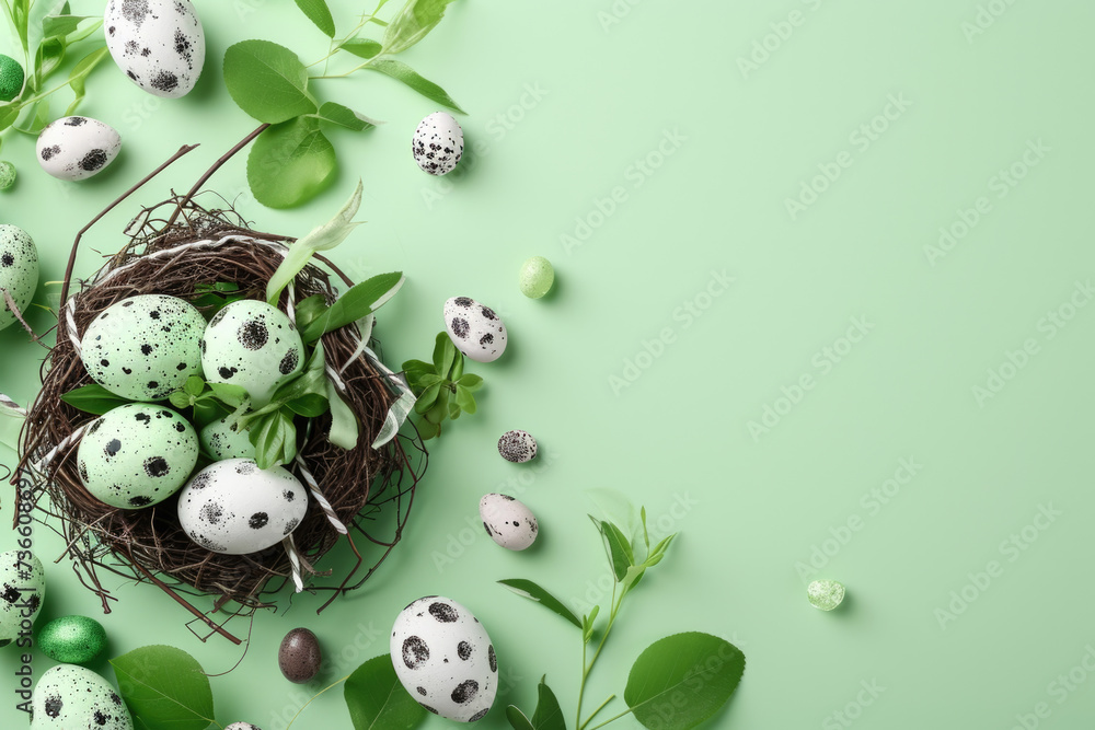 A nest filled with green and black speckled eggs. Perfect for nature-themed designs and springtime illustrations