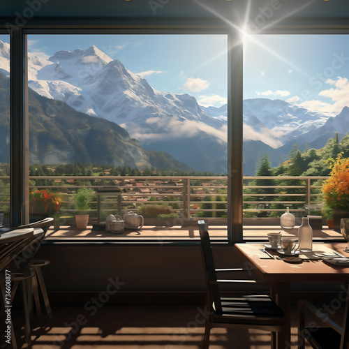 Breakfast on the terrace of a mountain house with views of the mountains