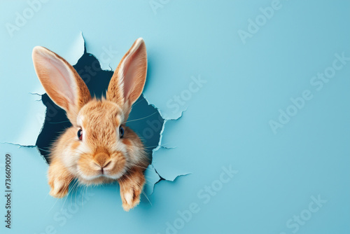A rabbit can be seen peeking out of a hole in a wall. This image can be used to depict curiosity, exploration, or unexpected surprises