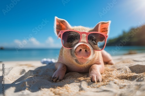 Funny pig with sunglasses taking a sunbath at a tropical beach